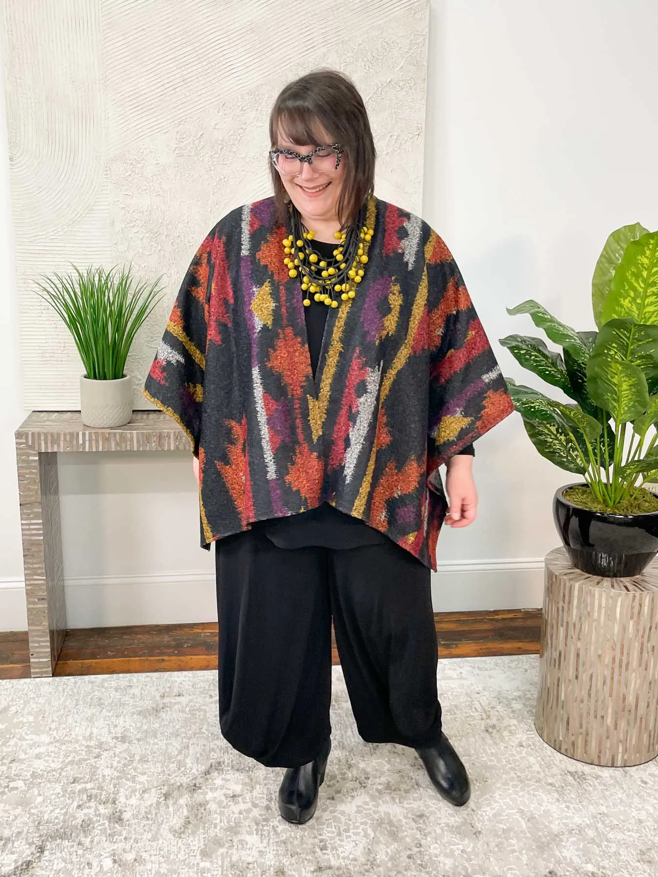 Printed Boucle Ruana Poncho, Sante Fe