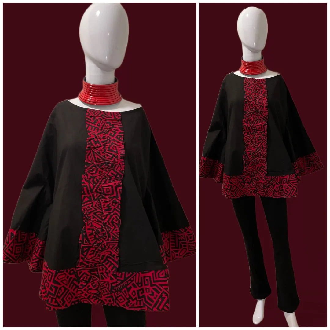 Red and Black Ankara Print Poncho