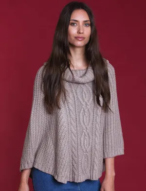 Royal Cowl Neck Cable Knit Poncho in Stone - Tokyo Laundry
