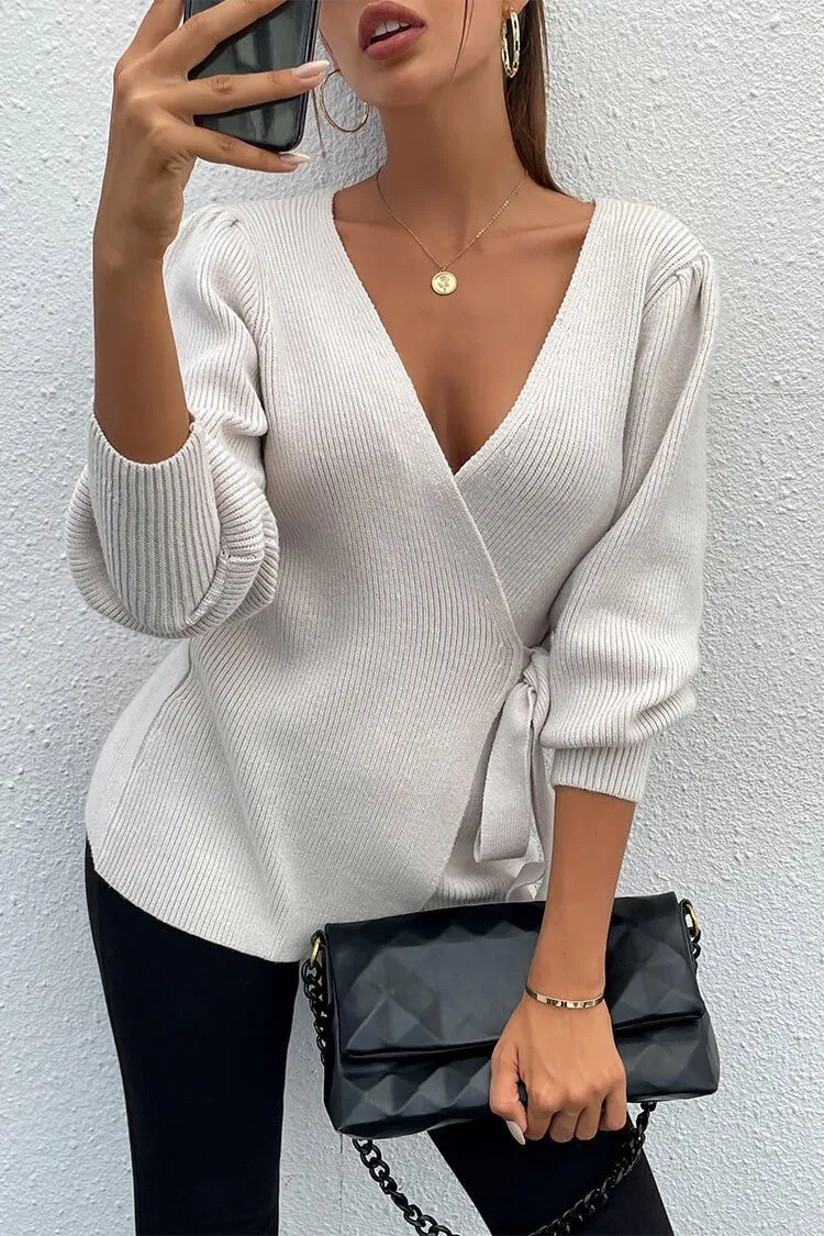 Sexy V Neck Balloon Sleeve Ribbed Wrap Knit Pullover Sweater