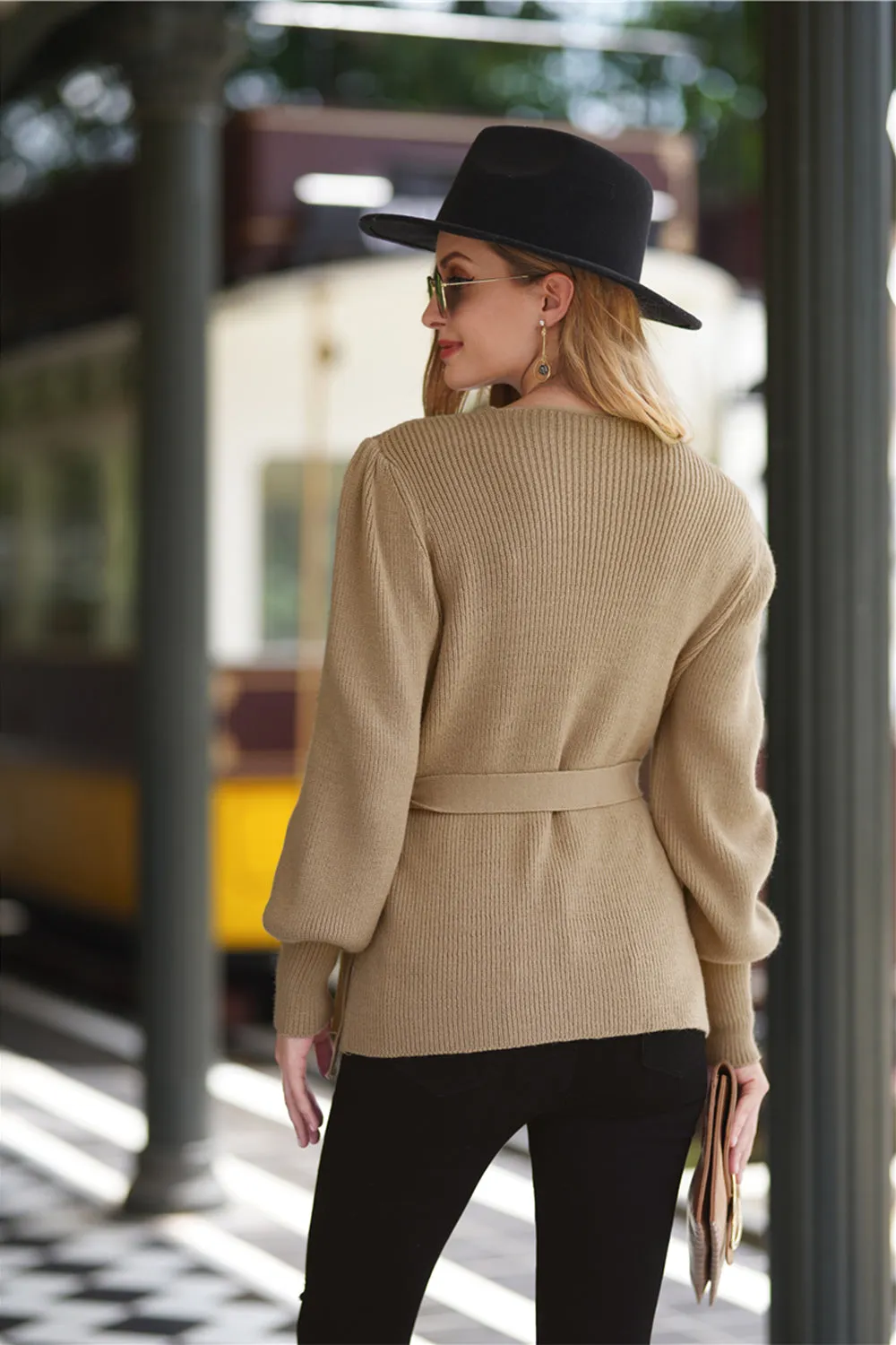 Sexy V Neck Balloon Sleeve Ribbed Wrap Knit Pullover Sweater
