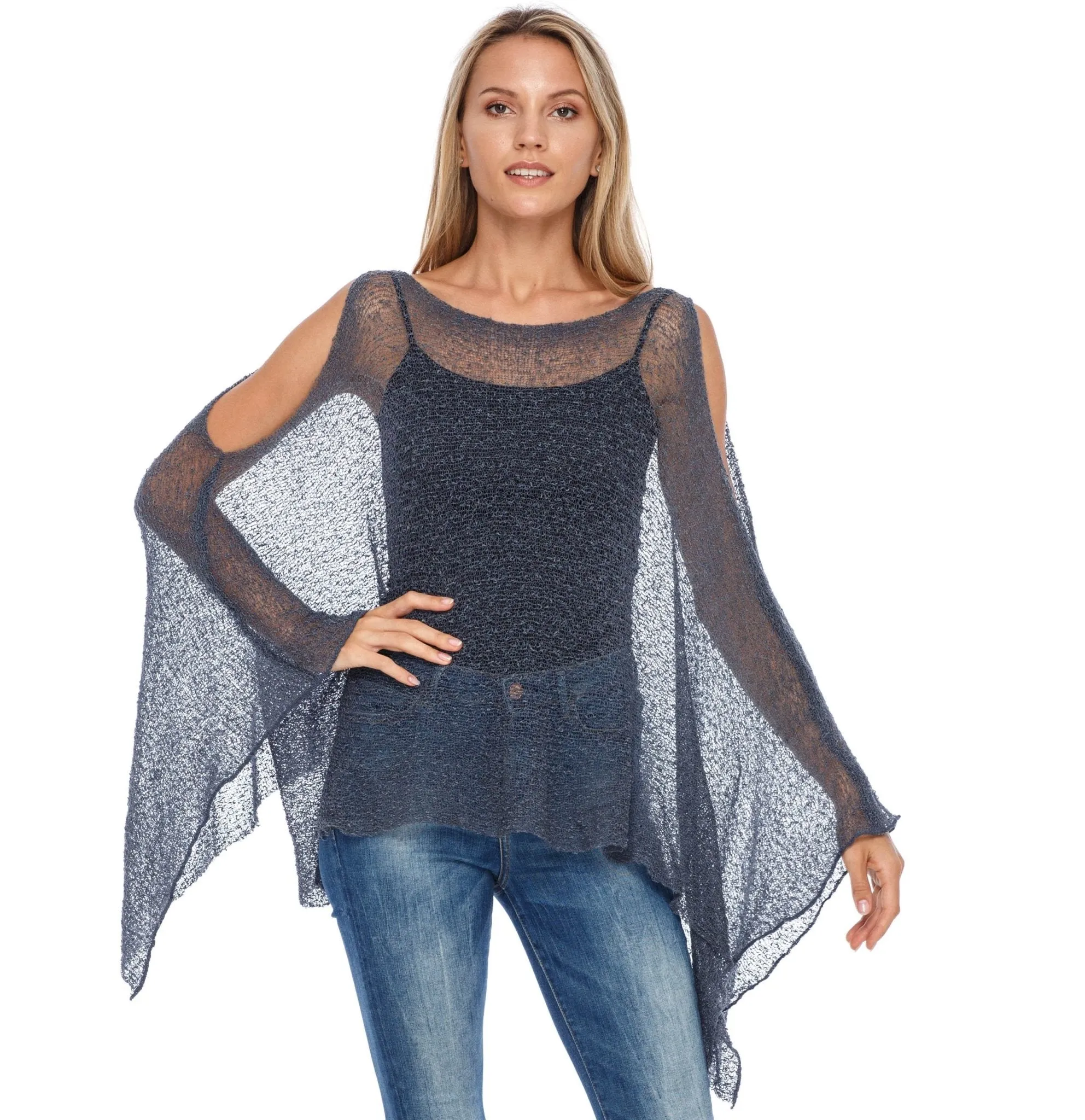 SHU-SHI Women's Lightweight Summer Poncho Shrug - Cold-Shoulder Tunic Top Cover-Up