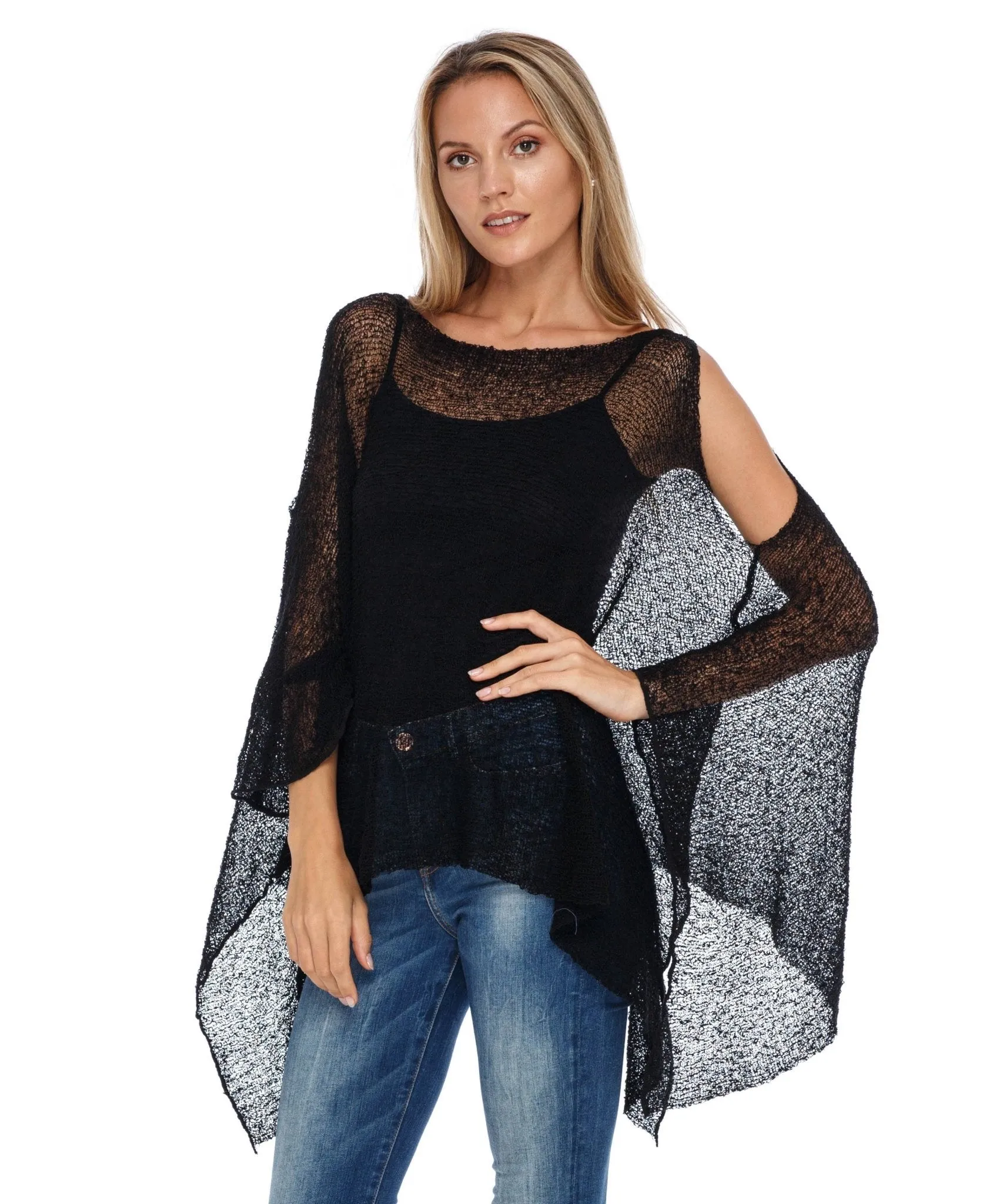 SHU-SHI Women's Lightweight Summer Poncho Shrug - Cold-Shoulder Tunic Top Cover-Up