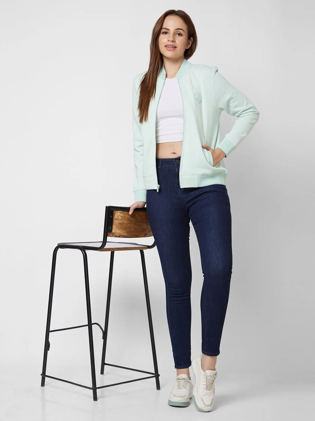Spykar Round Neck Full Sleeve Green Sweatshirt For Women