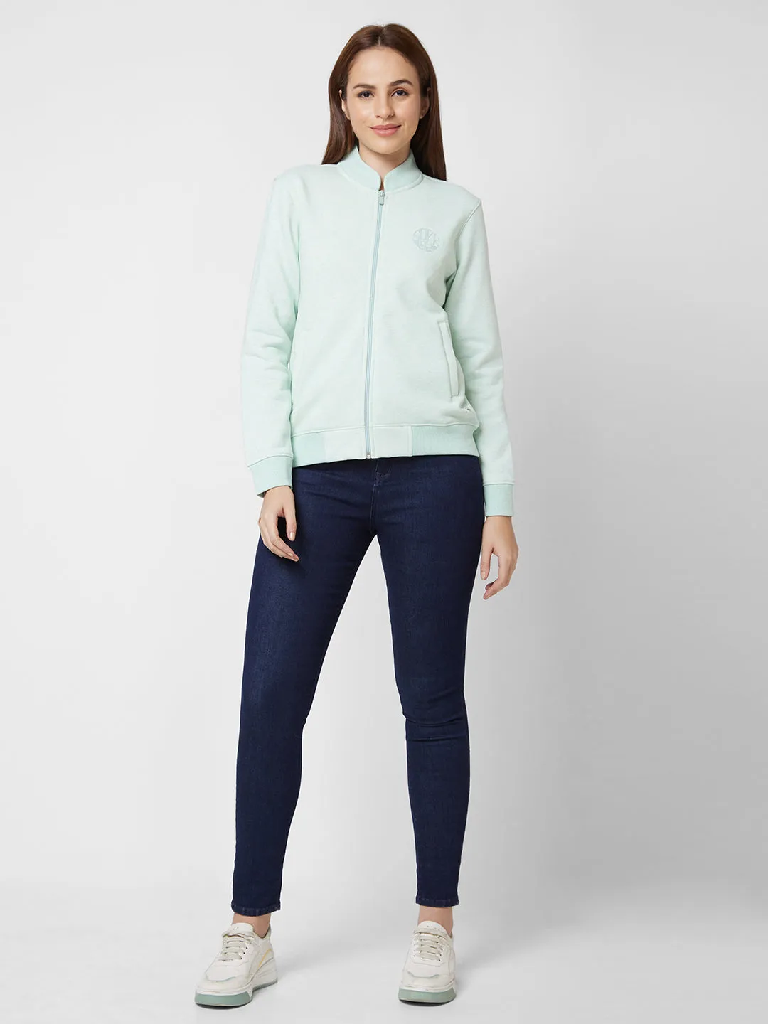 Spykar Round Neck Full Sleeve Green Sweatshirt For Women