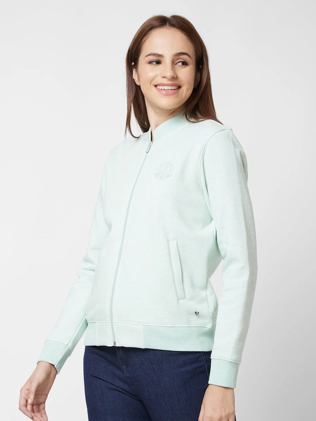 Spykar Round Neck Full Sleeve Green Sweatshirt For Women
