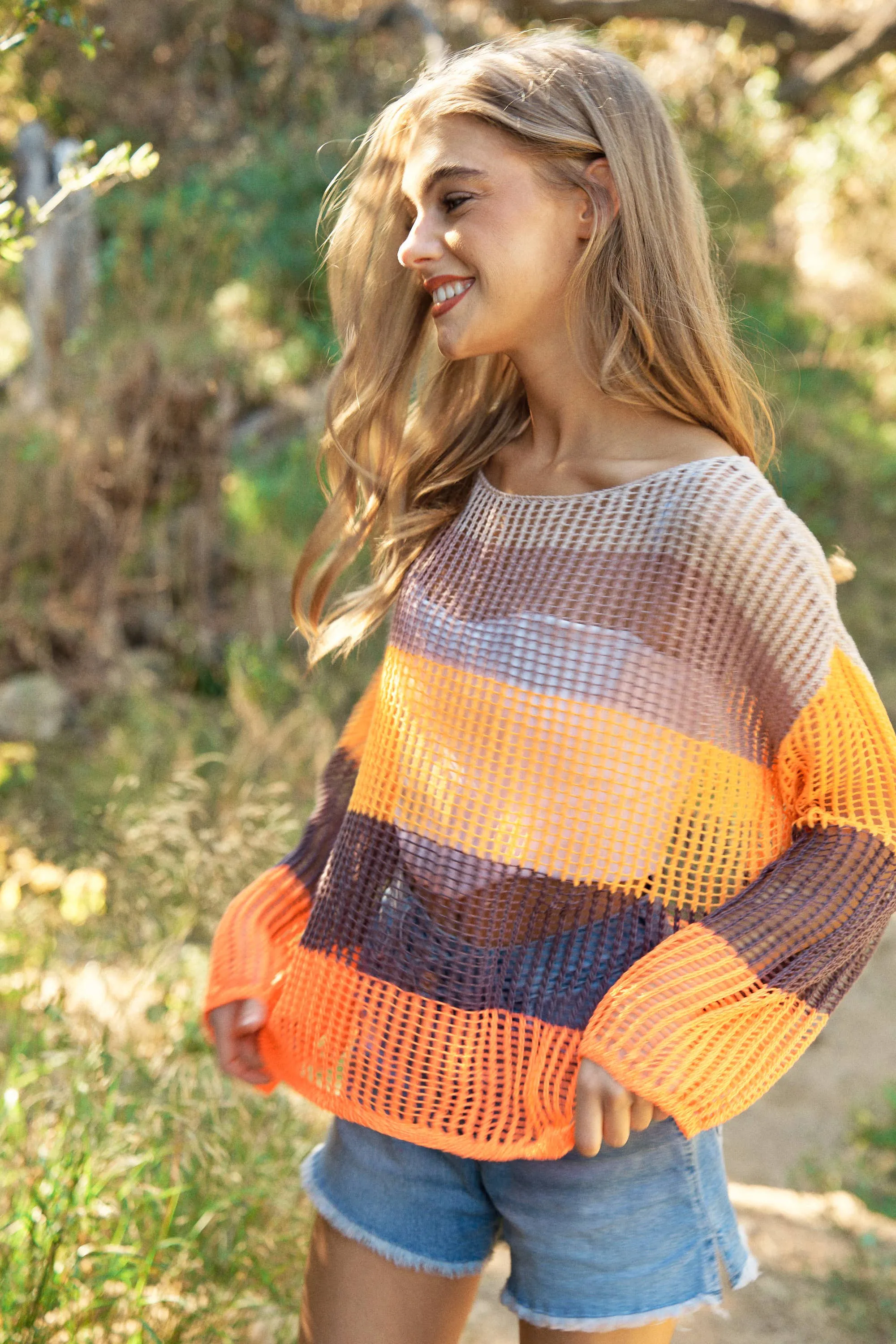 STRIPED WIDE OPENING SLEEVE PULLOVER COVER UP TOP: Beige Multi