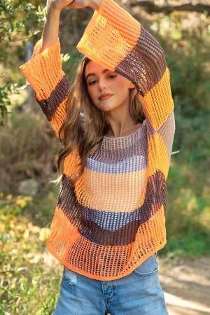 STRIPED WIDE OPENING SLEEVE PULLOVER COVER UP TOP: Beige Multi