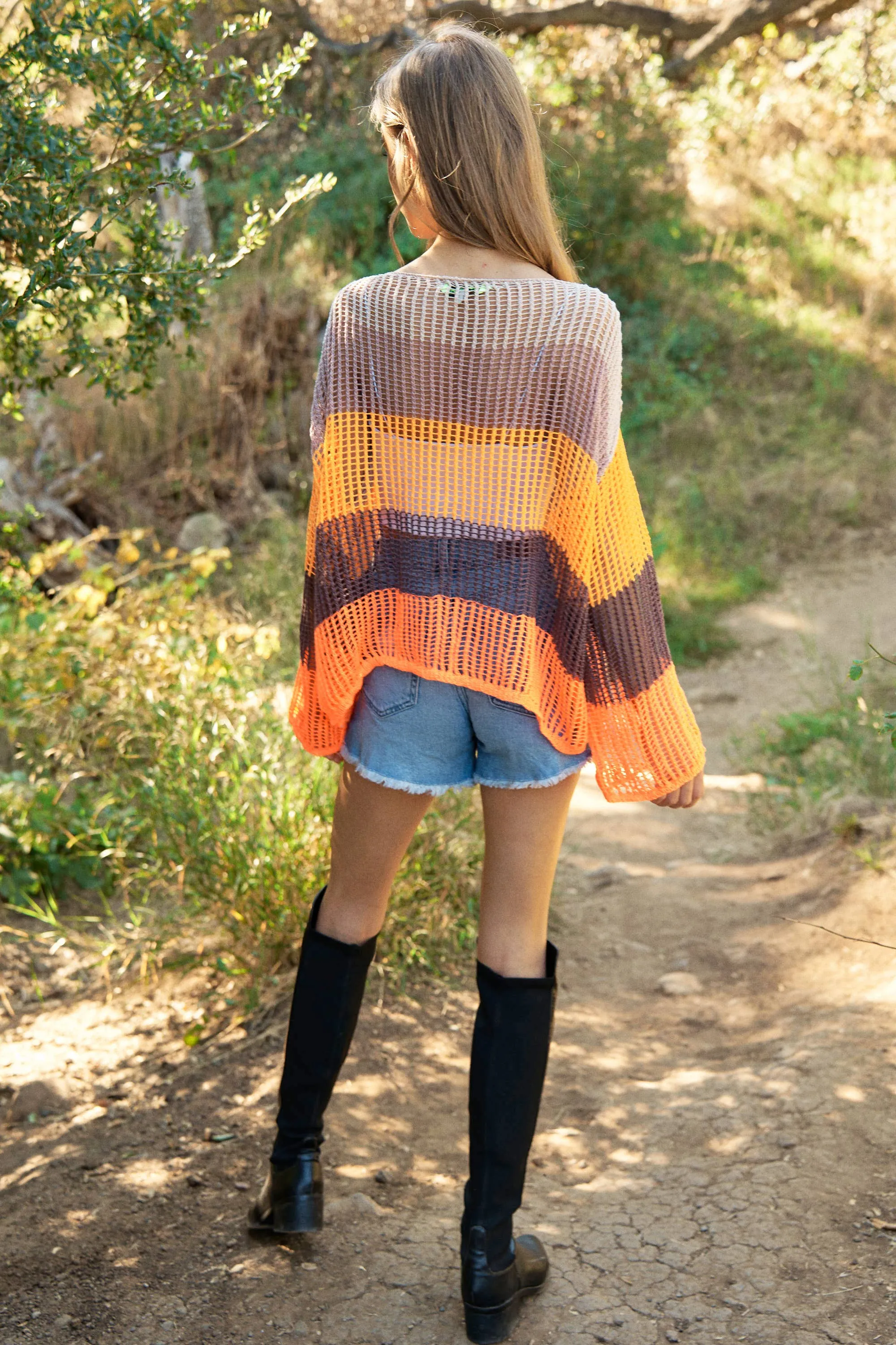 STRIPED WIDE OPENING SLEEVE PULLOVER COVER UP TOP: Beige Multi