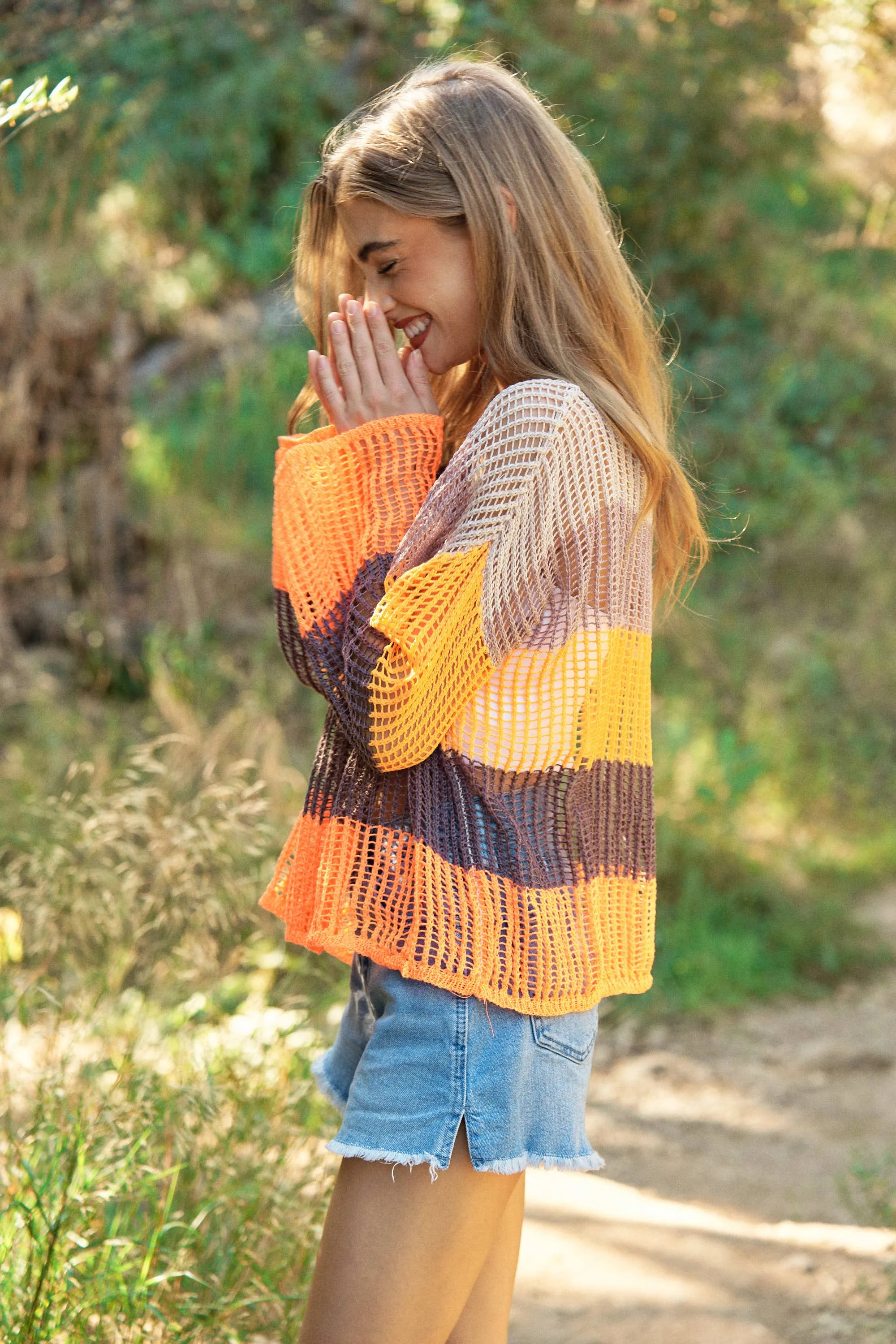 STRIPED WIDE OPENING SLEEVE PULLOVER COVER UP TOP: Beige Multi