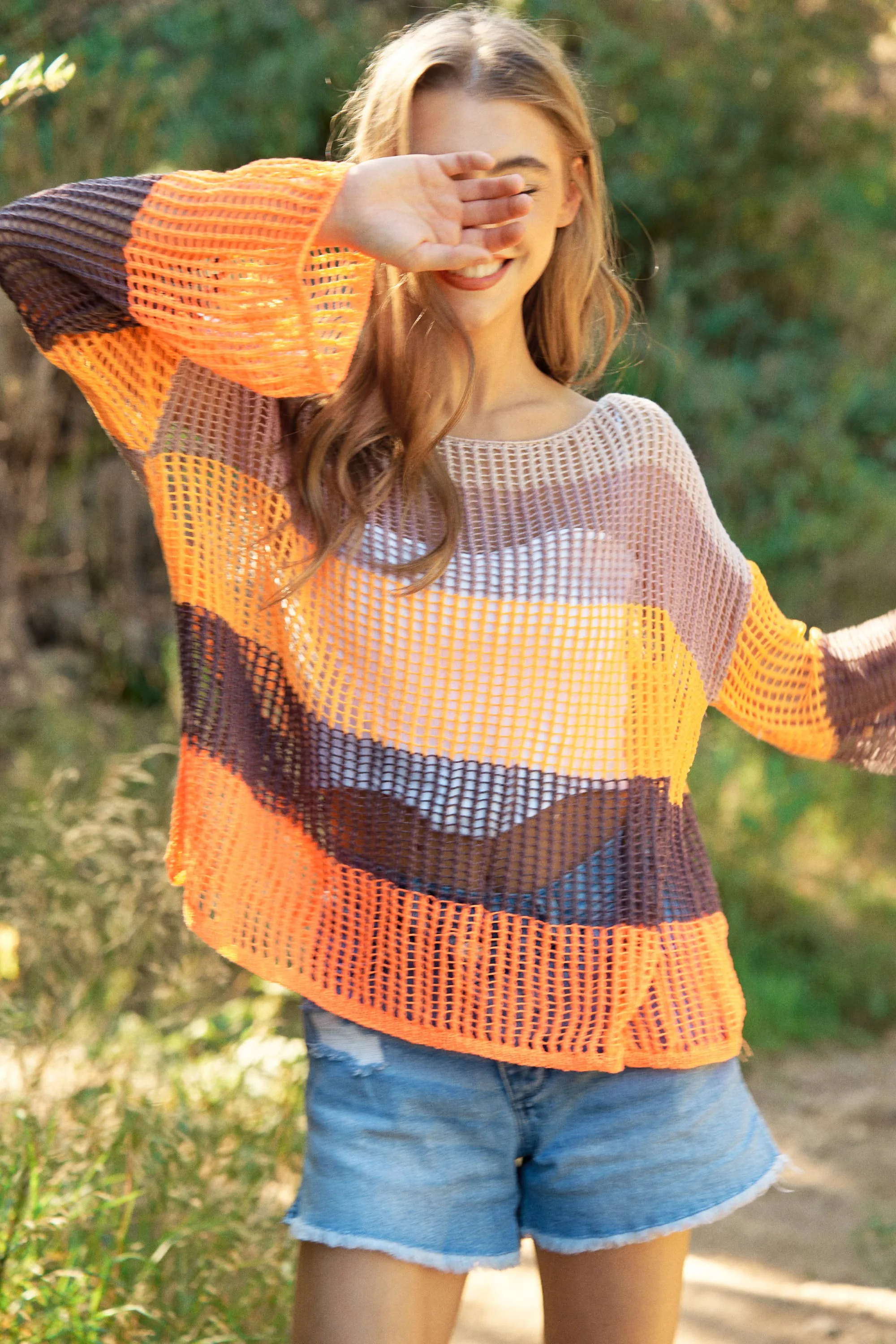 STRIPED WIDE OPENING SLEEVE PULLOVER COVER UP TOP: Beige Multi