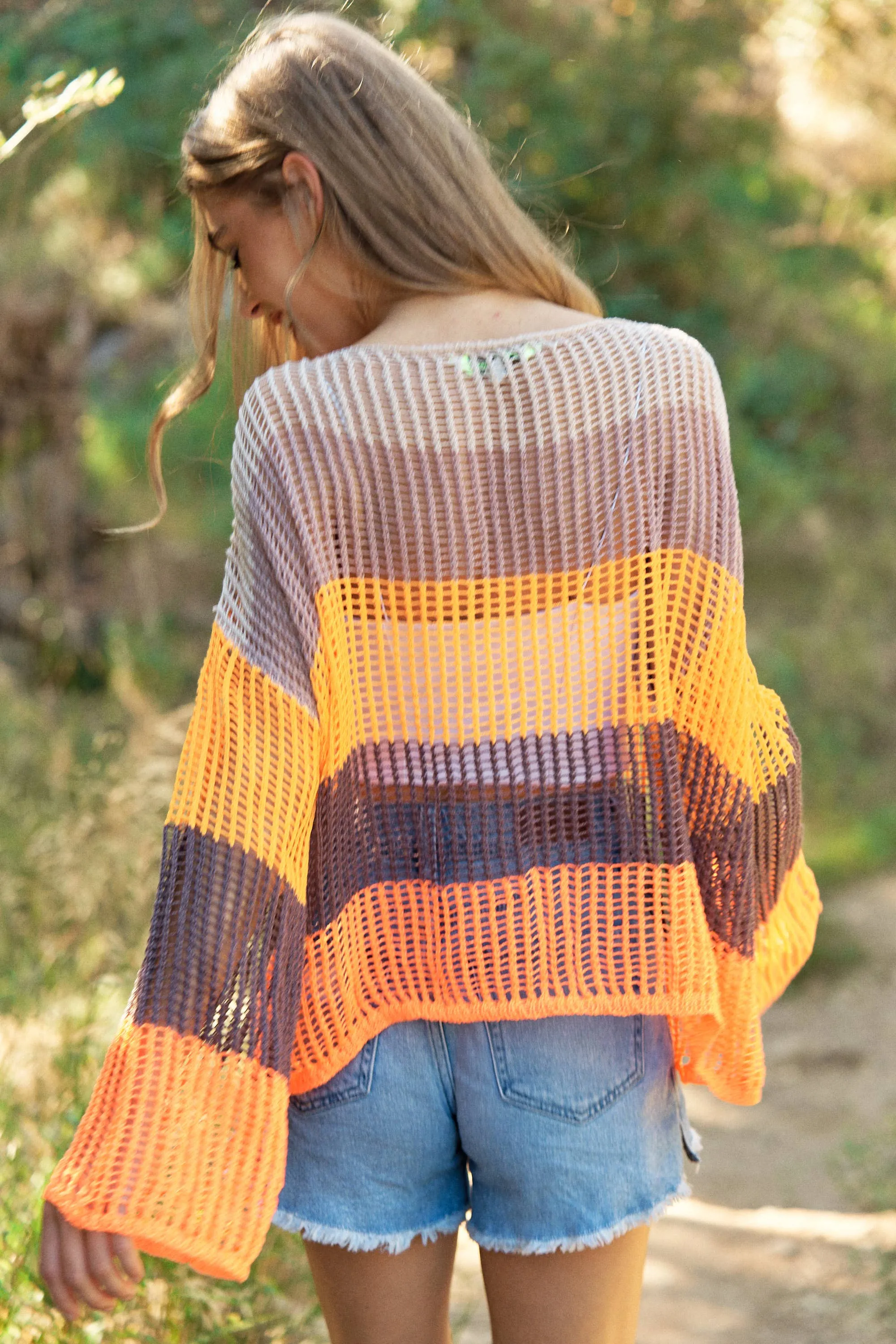 STRIPED WIDE OPENING SLEEVE PULLOVER COVER UP TOP: Beige Multi
