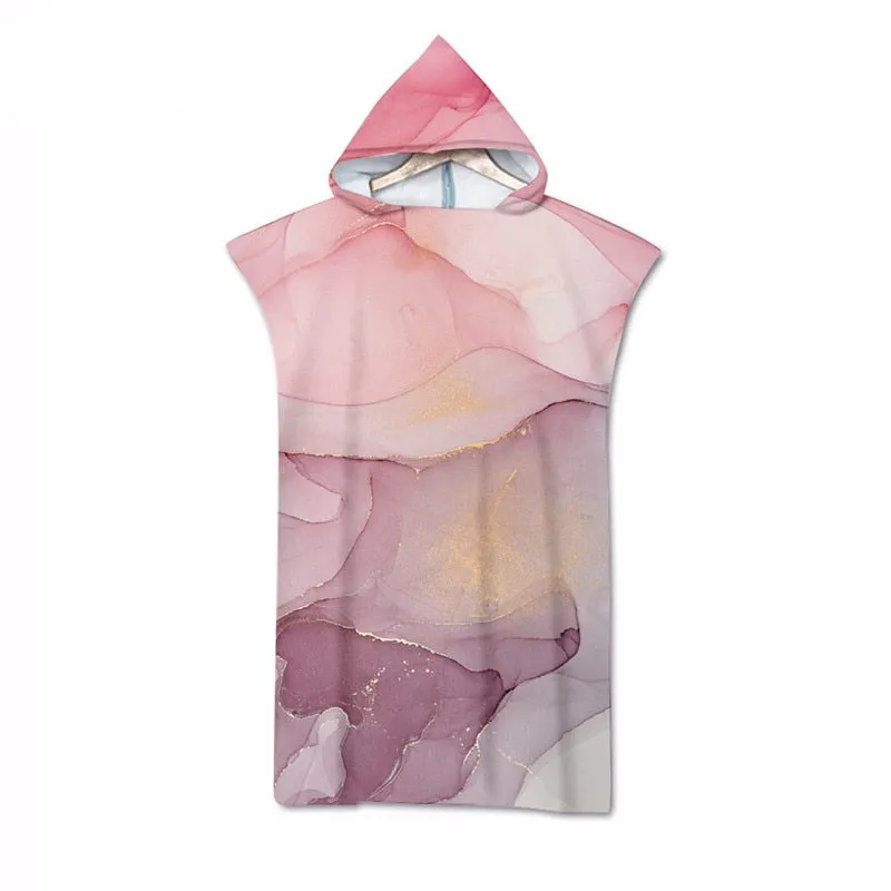 Summer Holiday Hooded Beach Towel Microfiber Marble Print Changing Robe Poncho Surf Towel for Swimming Outdooor Bathrobe Wetsuit