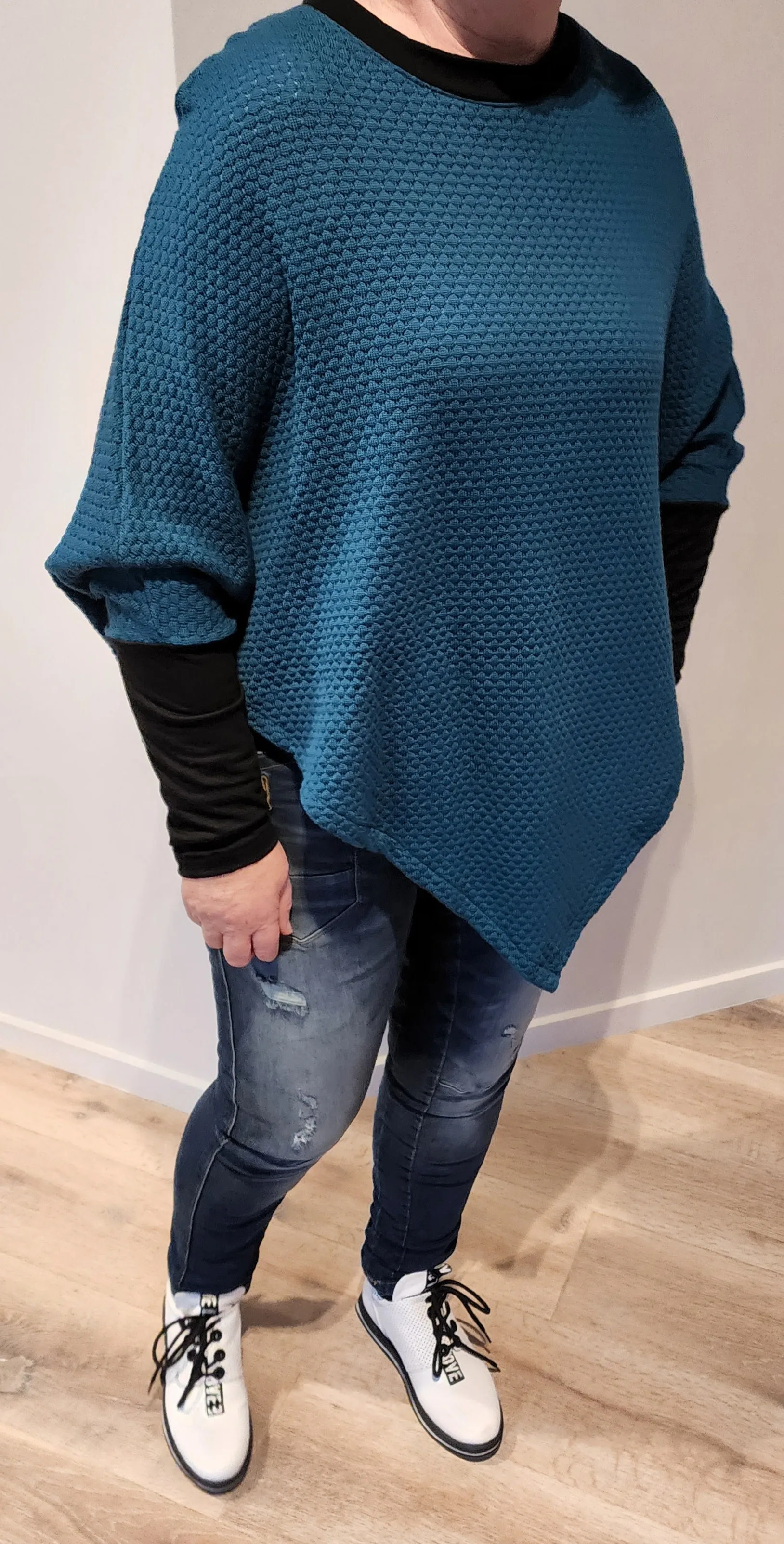 Teal Textured Merino Poncho With Sleeve