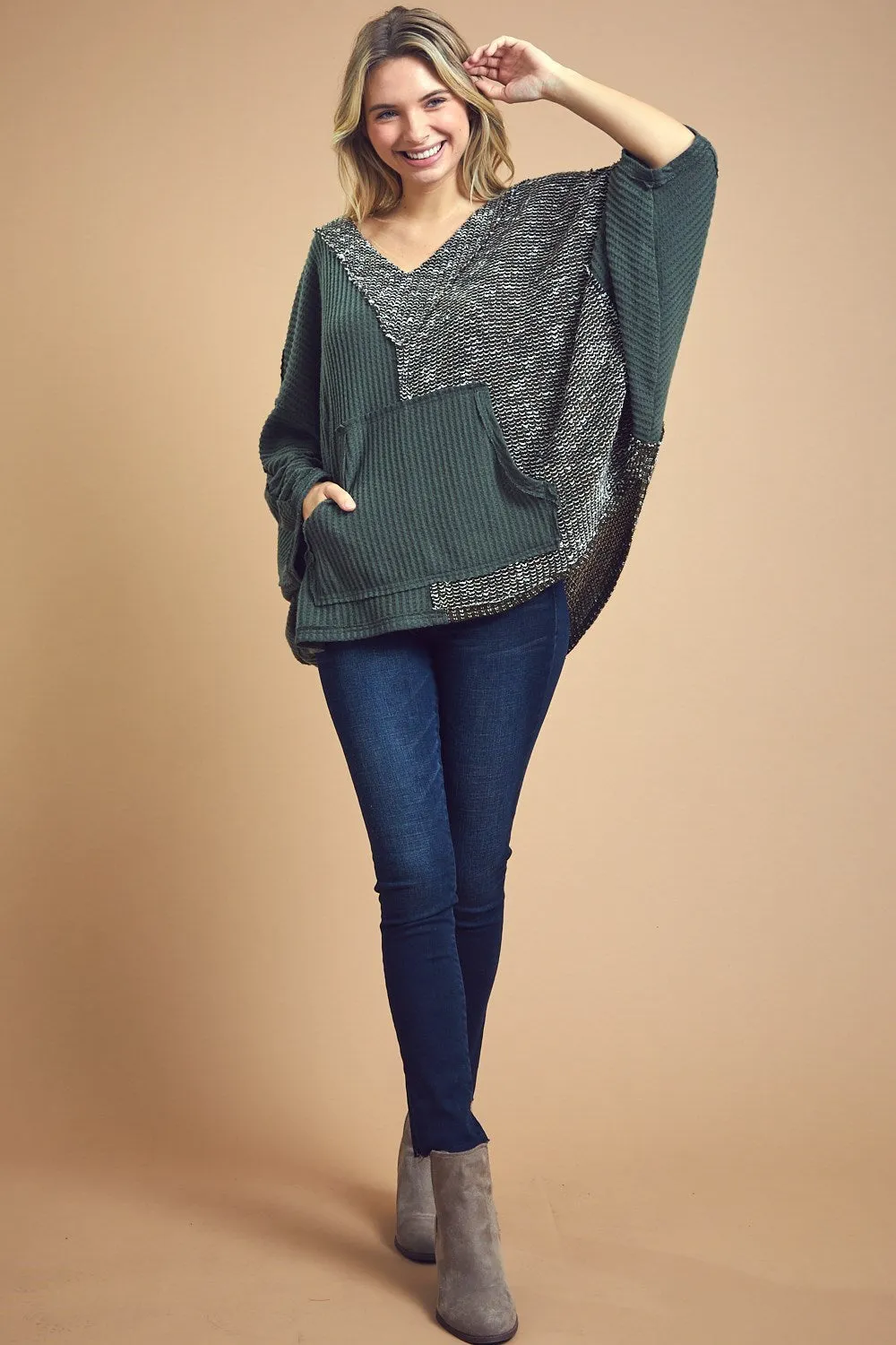 Two Tone Poncho Top in Chive