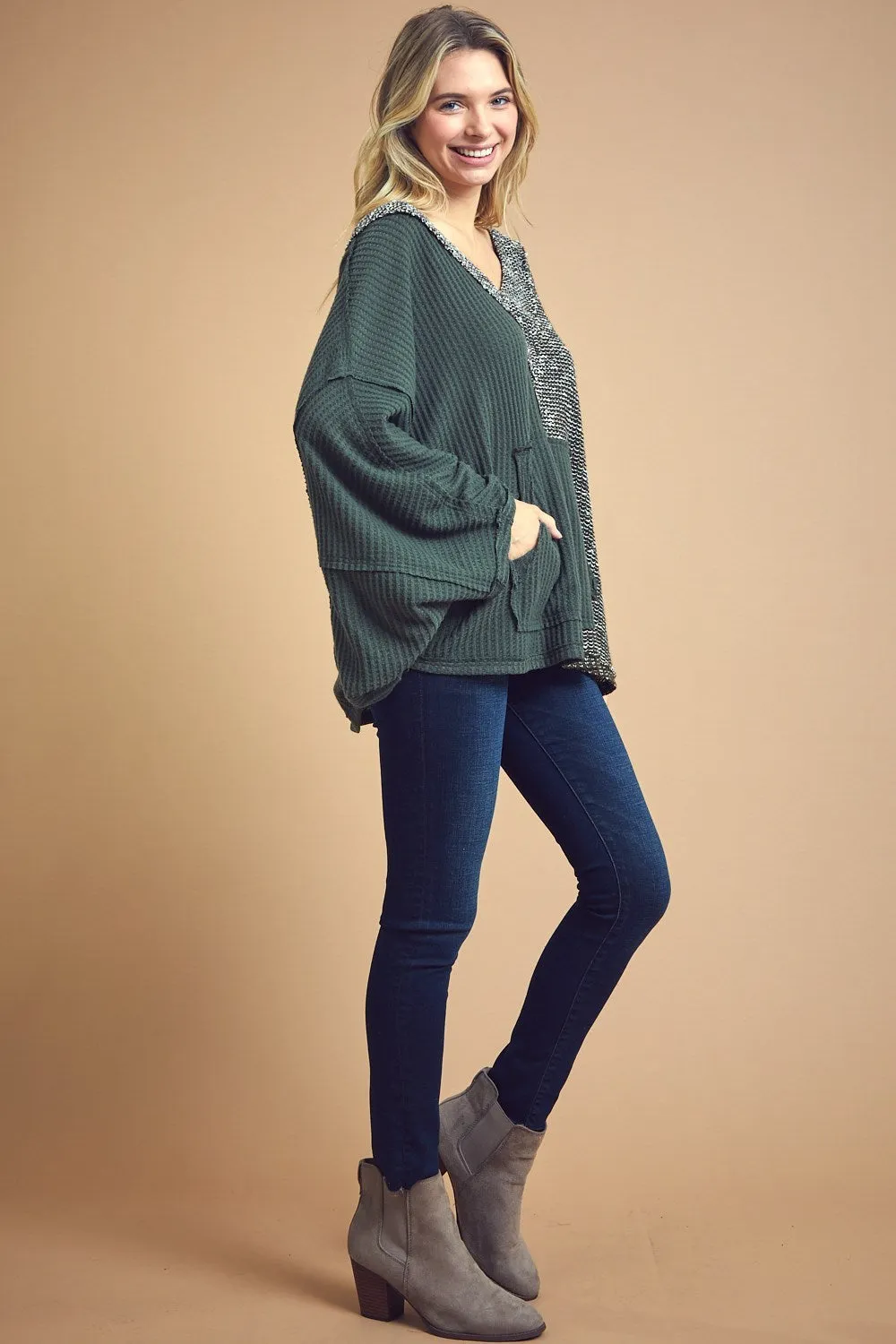 Two Tone Poncho Top in Chive