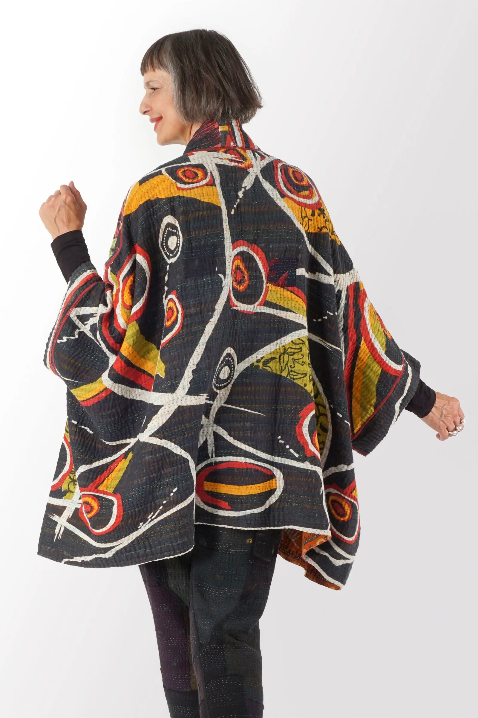 VINTAGE COTTON KANTHA DOUBLE COLLAR PONCHO - cv4323-0022a -