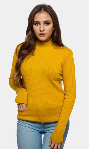 Women High Collar Pullover - Mustard