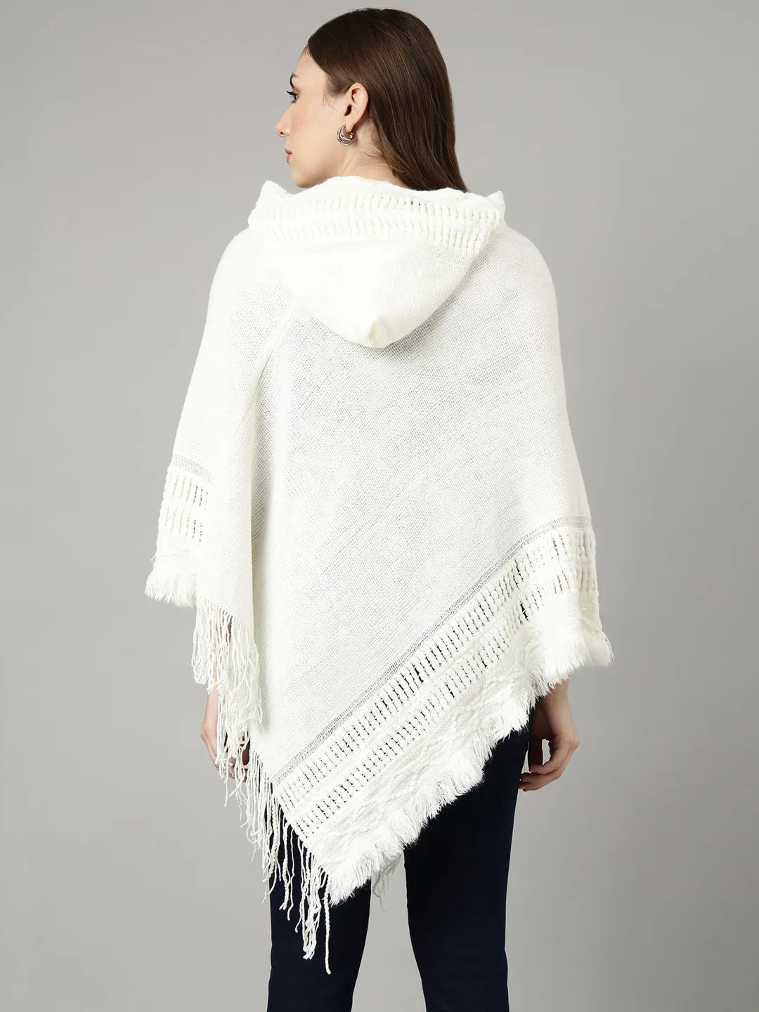 Women Solid Off White Regular Poncho