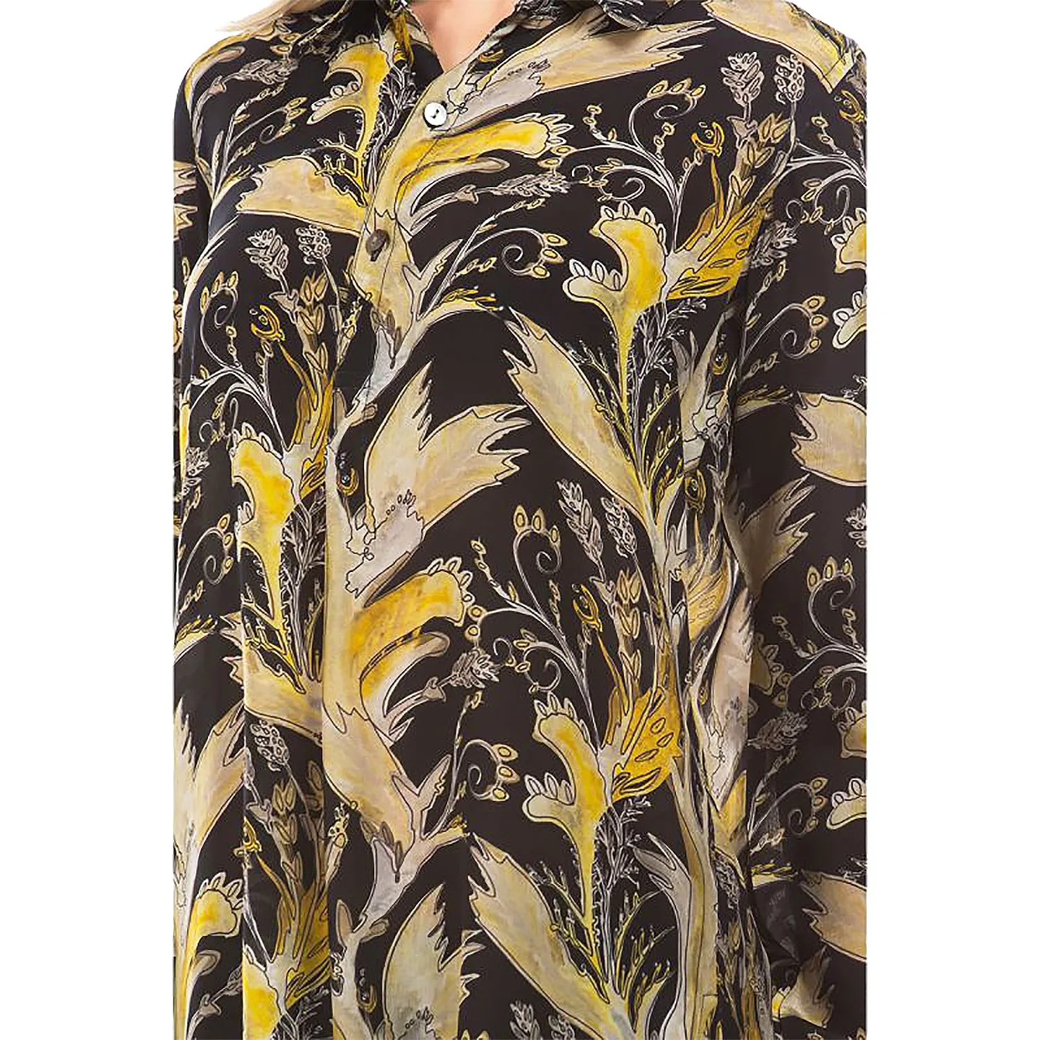 Women's APNY Half Button-Up Pullover Tunic Yellow and Black Print