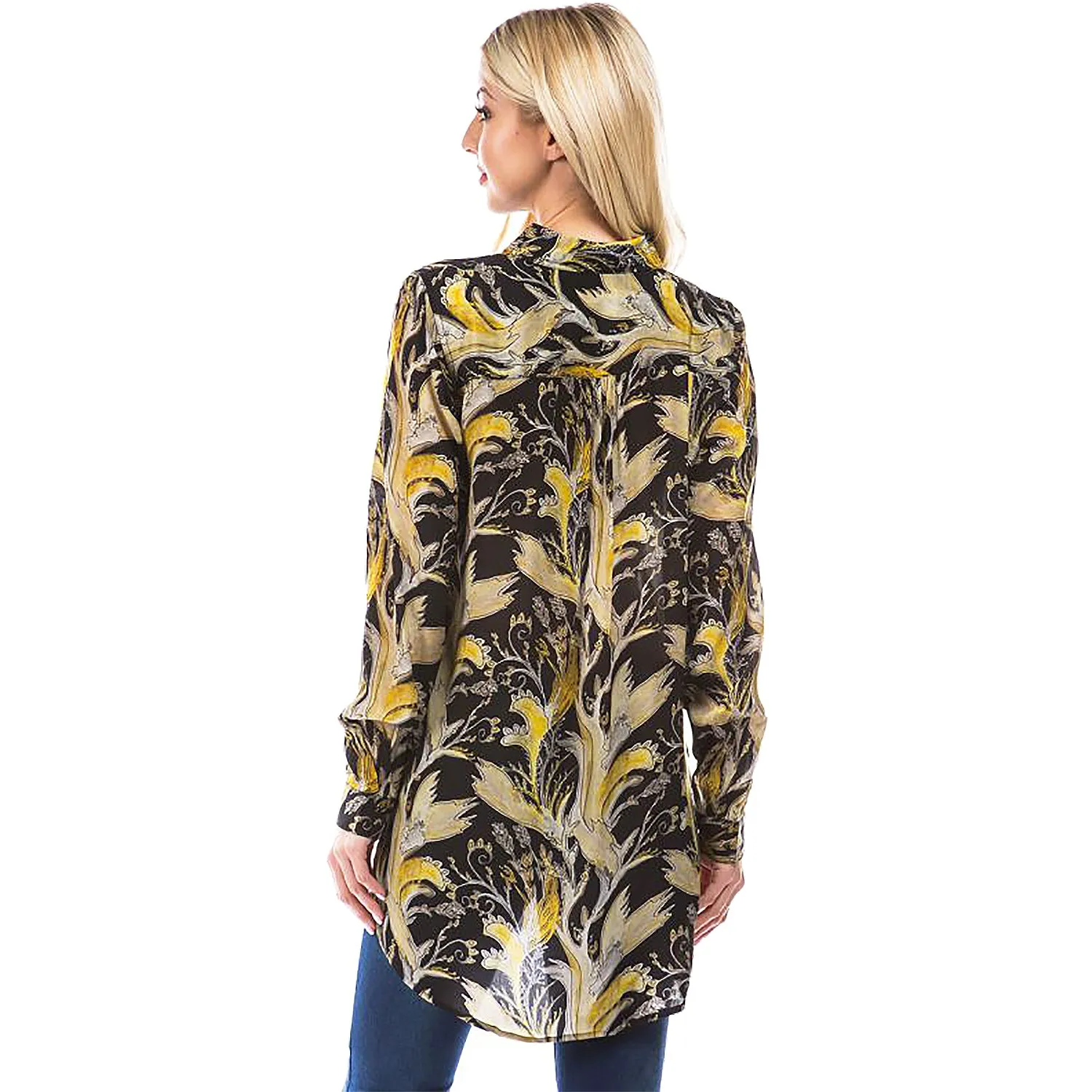 Women's APNY Half Button-Up Pullover Tunic Yellow and Black Print