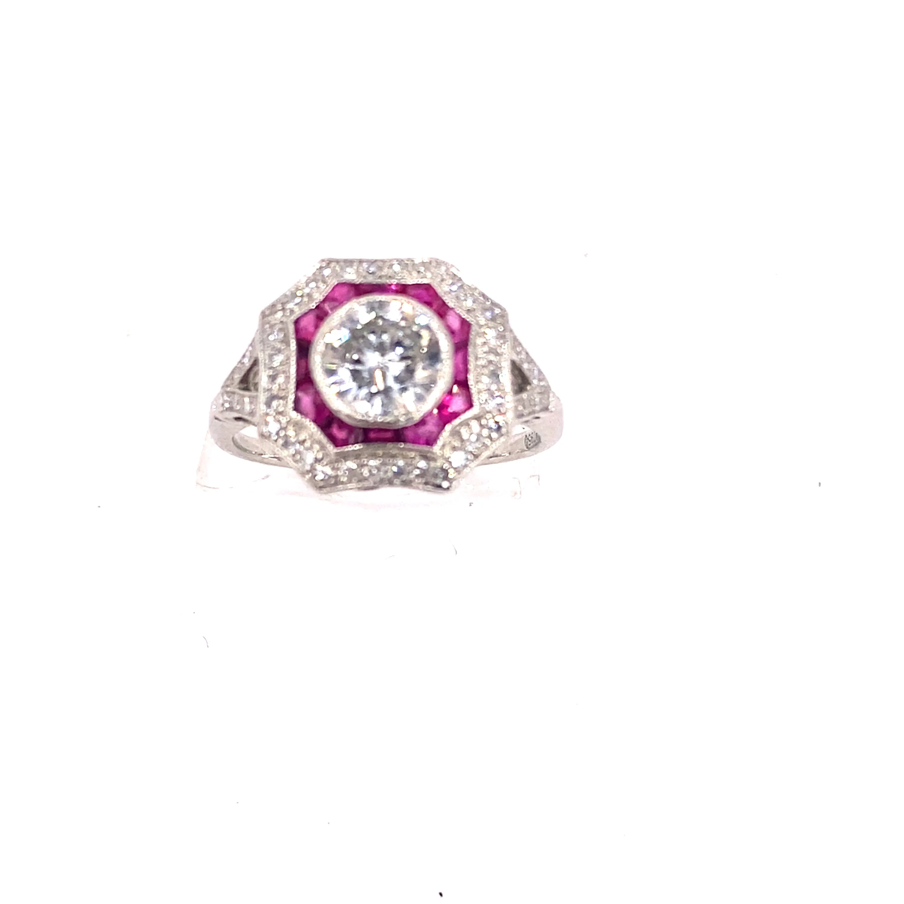 Women’s Platinum Diamond Ruby Art Deco Style Ring - 1.50ct