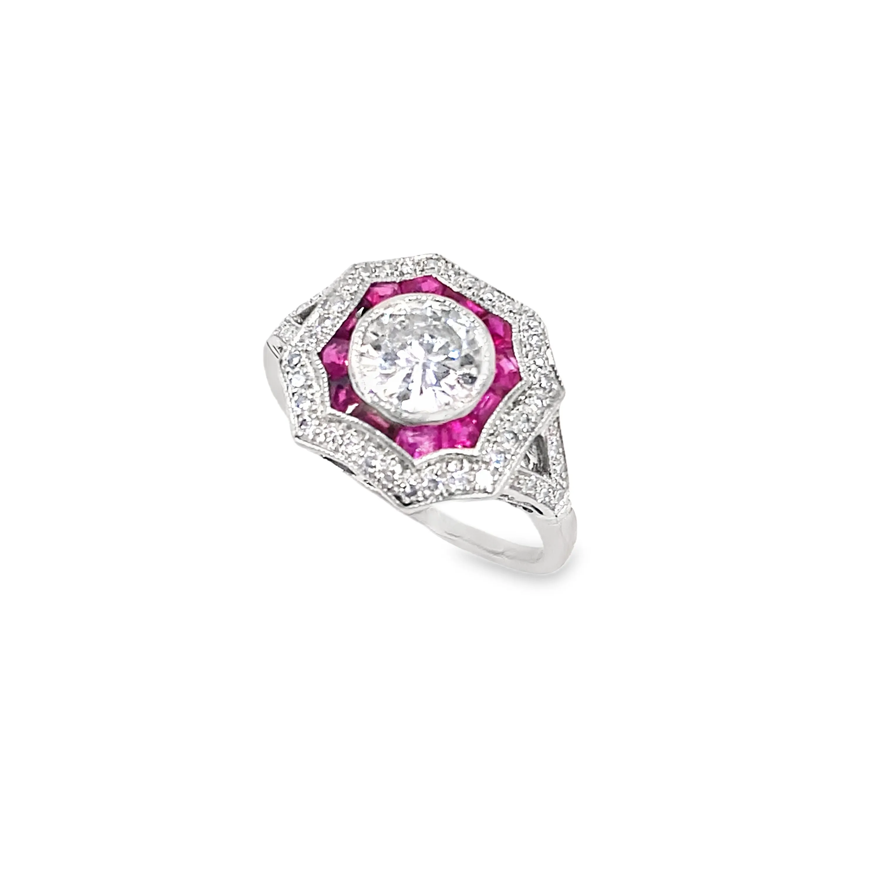 Women’s Platinum Diamond Ruby Art Deco Style Ring - 1.50ct