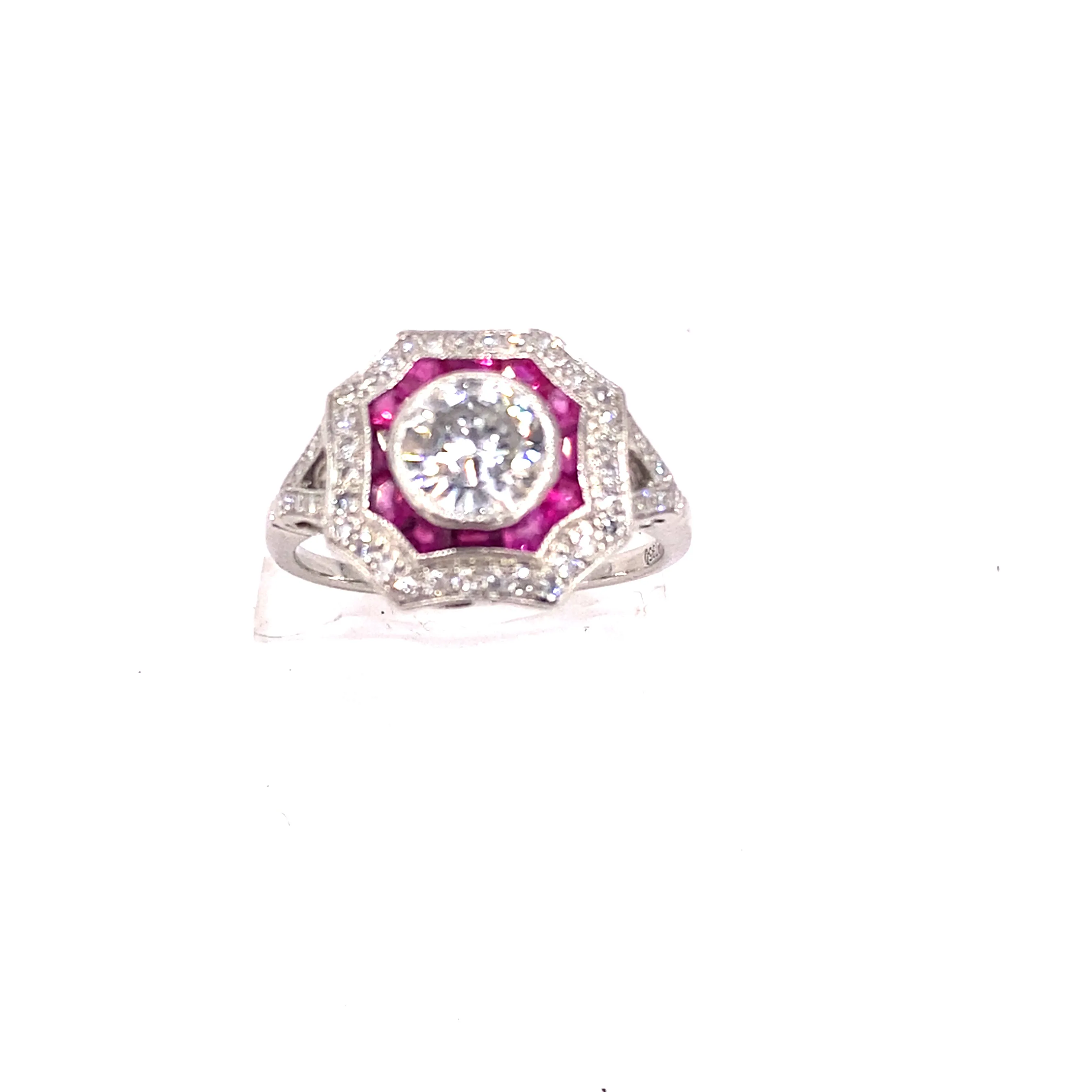 Women’s Platinum Diamond Ruby Art Deco Style Ring - 1.50ct