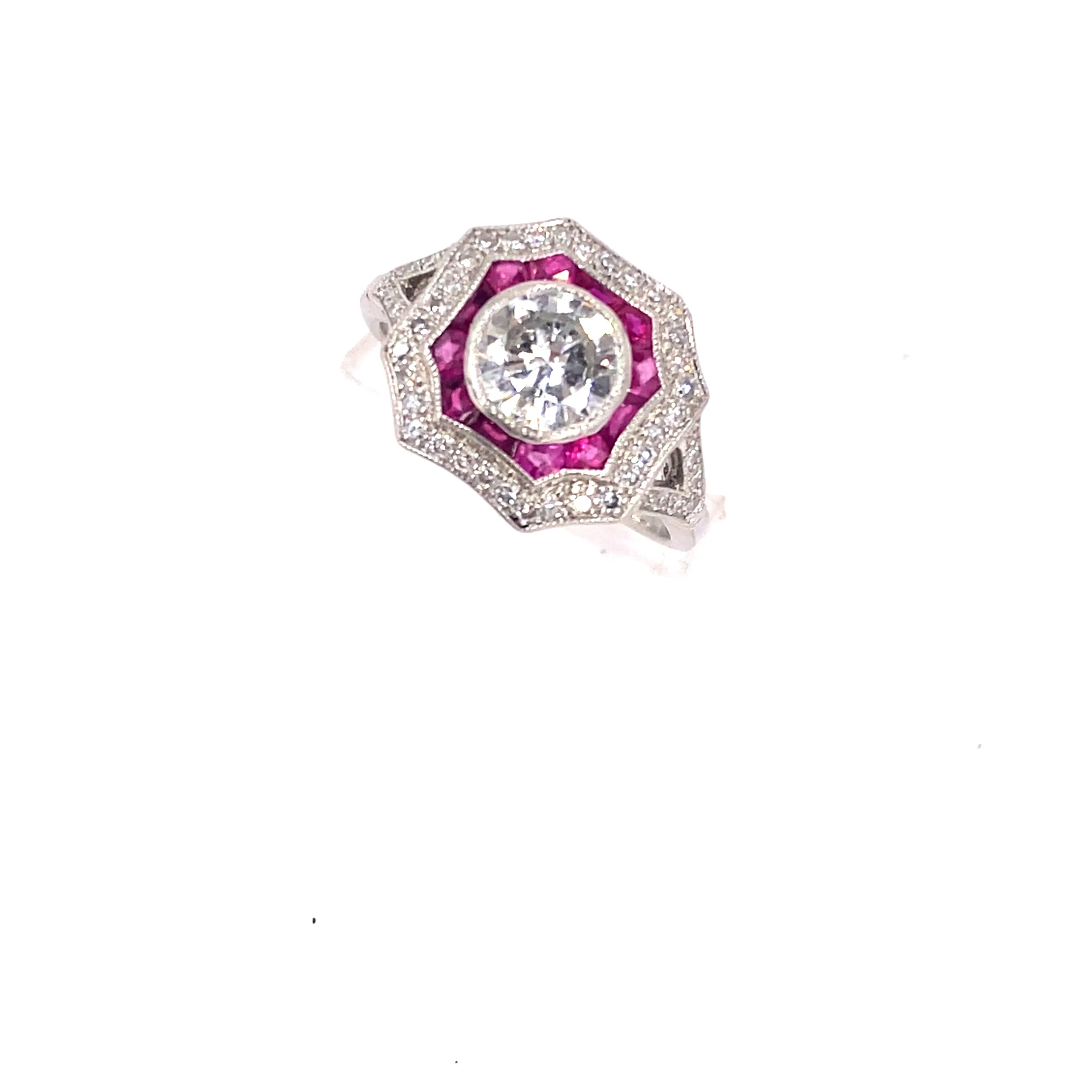 Women’s Platinum Diamond Ruby Art Deco Style Ring - 1.50ct